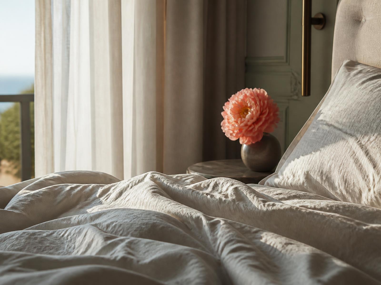 Linen bedding and a single bloom in a boutique hotel suite